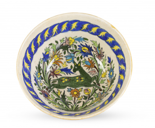 Cuenco de cerámica esmaltada con animal y decoración floral