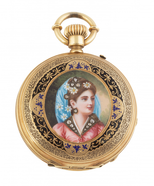 Reloj saboneta en oro amarillo S.XIX, con decoración en esm