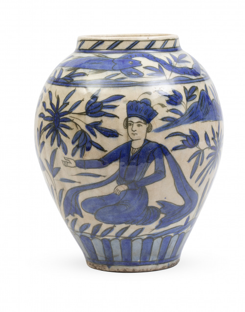 Jarrón de cerámica esmaltada en azul y blanco.Dinastía Qa