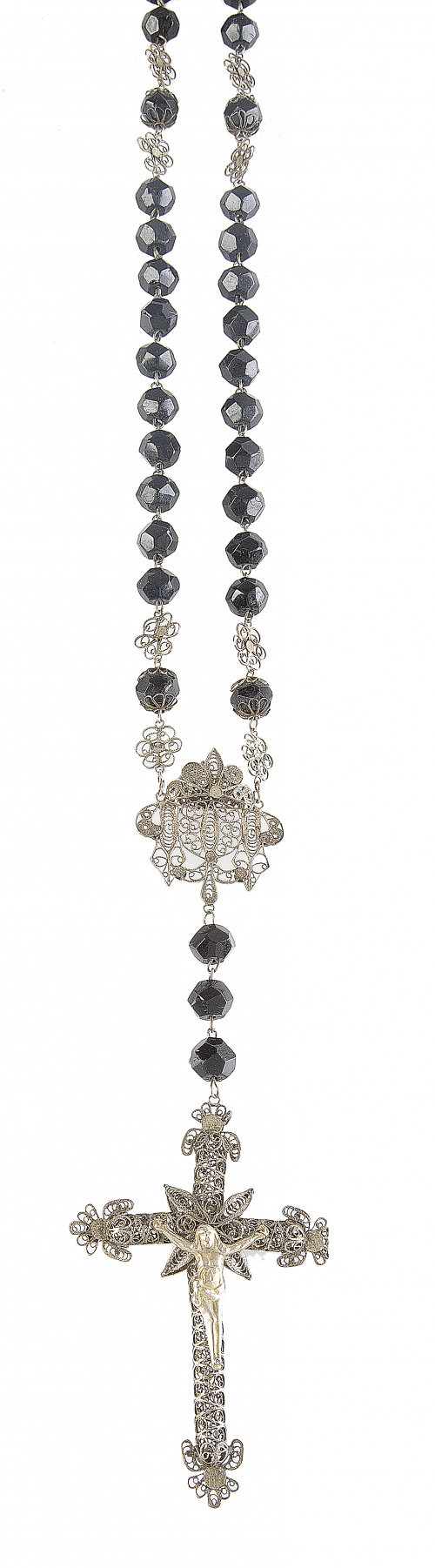 Rosario de pp. S. XX de cuentas de cristal negro facetado y