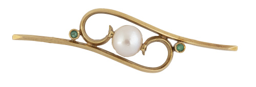 Broche alfiler con perla cultivada de 7,5 mm y dos esmerald