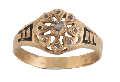 Sortija S. XIX con diseño de rosetón de diamantes y esmalte