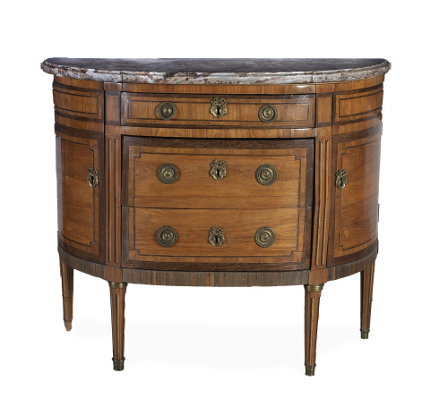 Cómoda de estilo Luis XVI de media luna de madera y marquet
