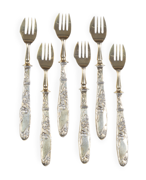 Juego de seis cubiertos art-nouveau para marisco, de metal 