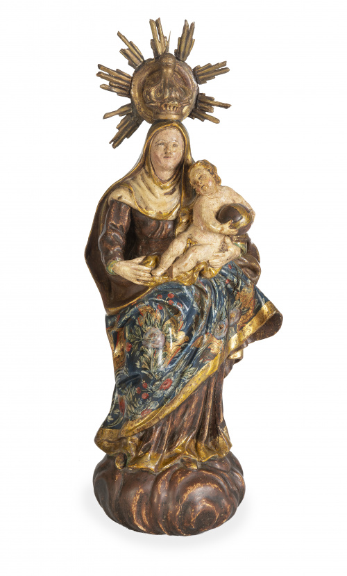 Virgen del Pilar.Escultura de madera tallada, policromada