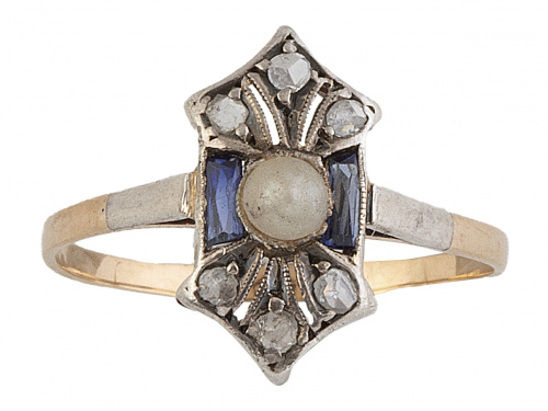 Sortija lanzadera Art-Decó con zafiros diamantes y perla de