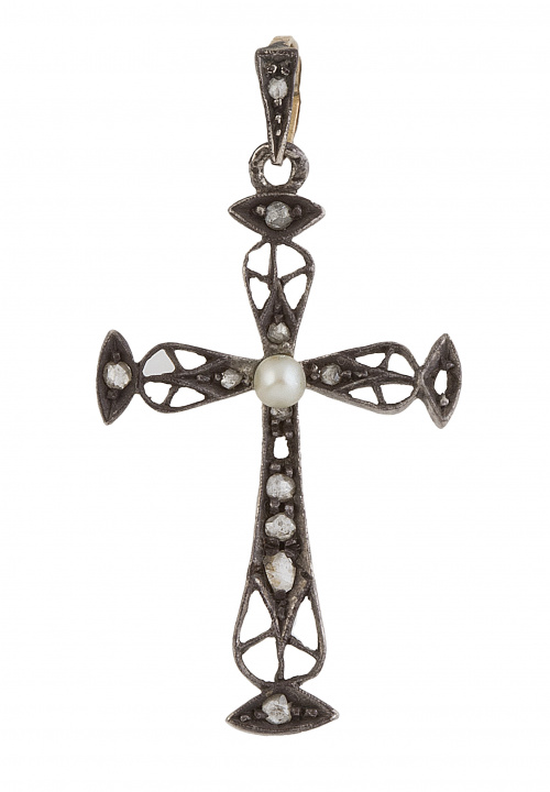 Delicada cruz colgante S. XIX con perlita central y diamant