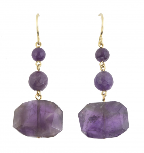 Pendientes largos con dos esferas de amatista de la que pen