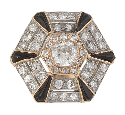 Sortija hexagonal estilo Art-Decó de ónix y brillantes, con
