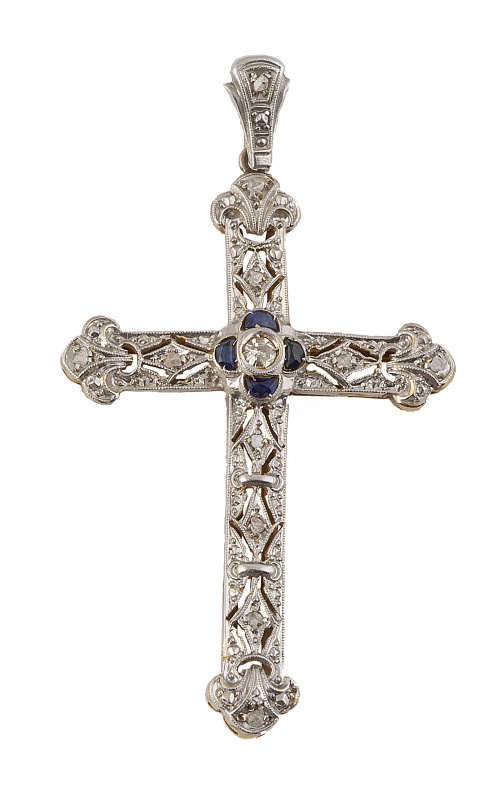 Cruz colgante Art-Decó de brillante, diamantes y zafiros co