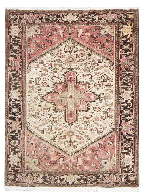 Alfombra de campo beige con medallón central y cenefa marró