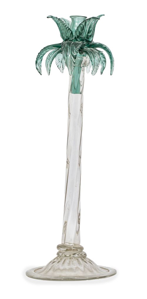 Candelero con forma de palmera de cristal transparente y ve