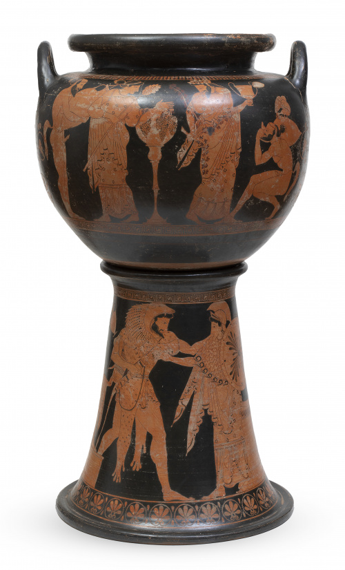 Vaso de cerámica y peana con decoración de figuras rojas, b