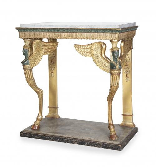 Consola imperio de madera tallada, policromada y dorada.T