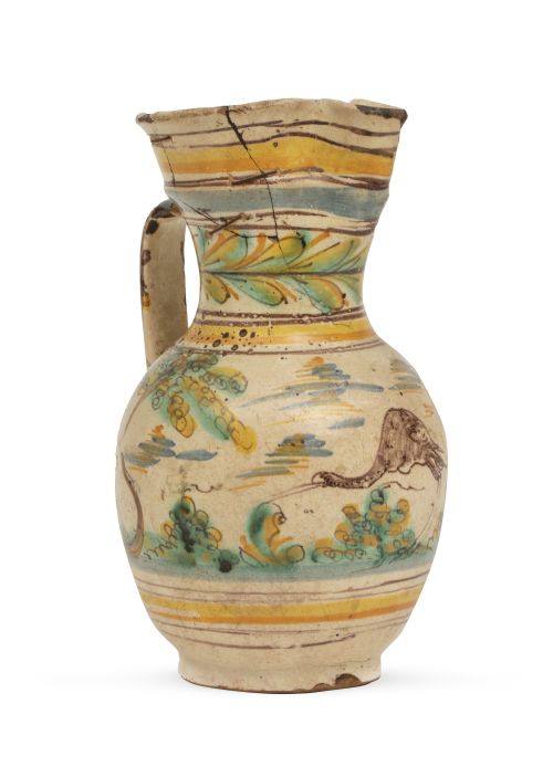 Jarro de cerámica esmaltada con ave.Talavera o Puente del