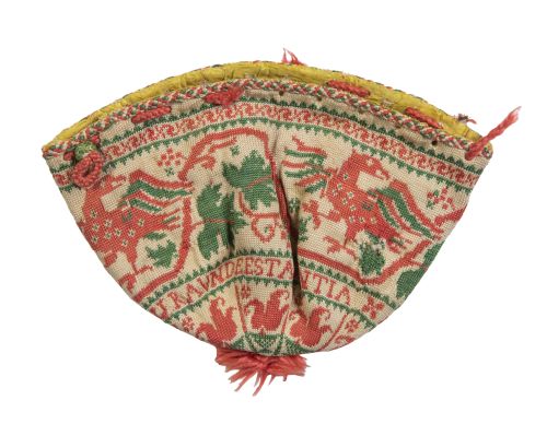 Bolsito monedero, con lienzo bordado en seda rosa y verde.