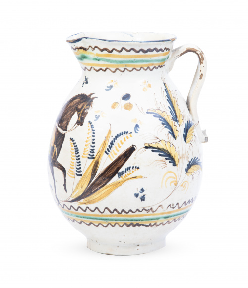 Jarra de cerámica esmaltada con soldado a caballo y espigas