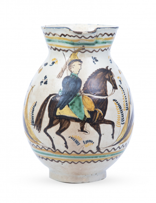 Jarra de cerámica esmaltada con soldado a caballo y espigas