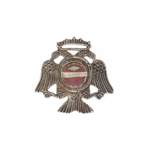 Medallón relicario águila bicéfala de plata y bronce, con r