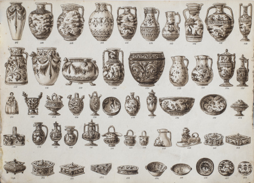 Siete dibujos preparatorios sobre papel pintados en aguada 