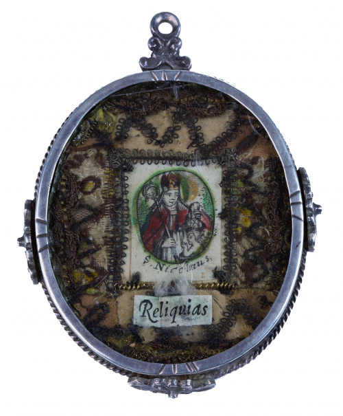 Reliquia con grabado coloreado de San Nicolás e hilos metál