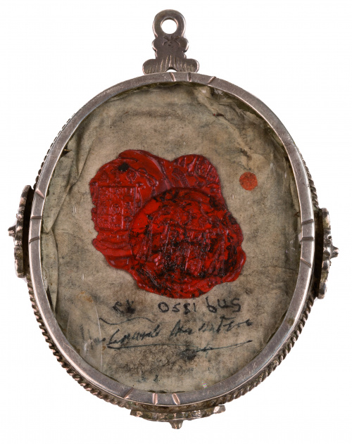 Reliquia con grabado coloreado de San Nicolás e hilos metál