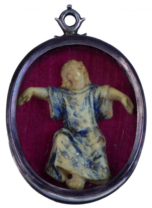 Medalla devocional con Niño Jesús de marfil policromado, ma