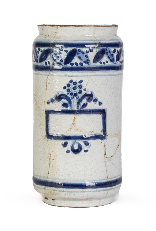 Bote de farmacia de cerámica esmaltada en azul y blanco con
