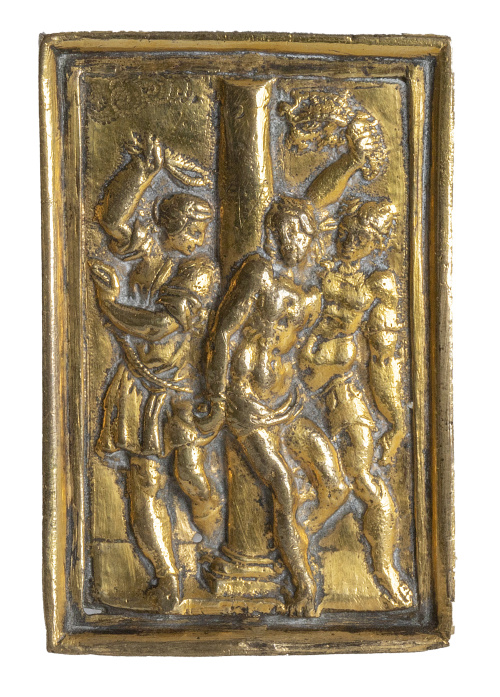 Cristo atado a la columna con dos soldados.Placa de bronc