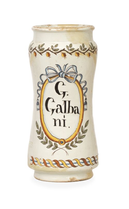 Bote de farmacia de cerámica esmaltada con cartela.Catalu