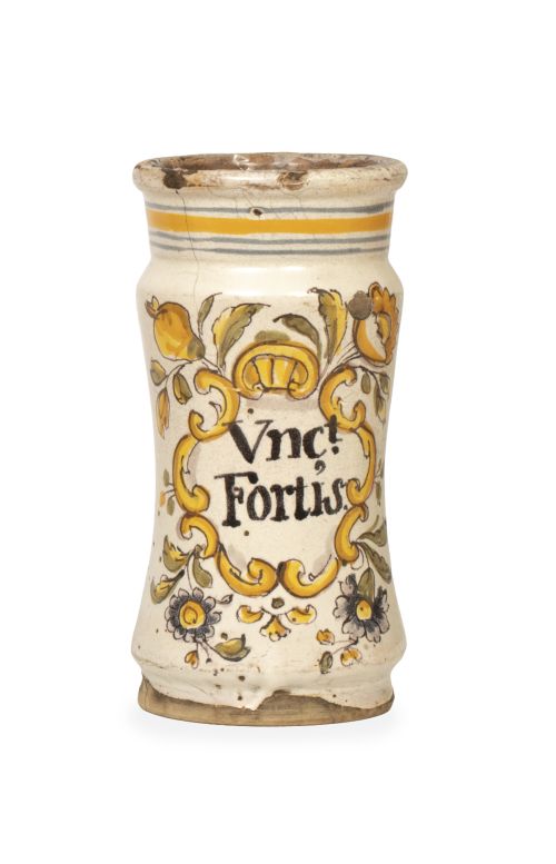 Bote de farmacia de cerámica esmaltada con cartela.Catalu