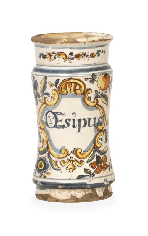 Bote de farmacia de cerámica esmaltada con cartela.Catalu