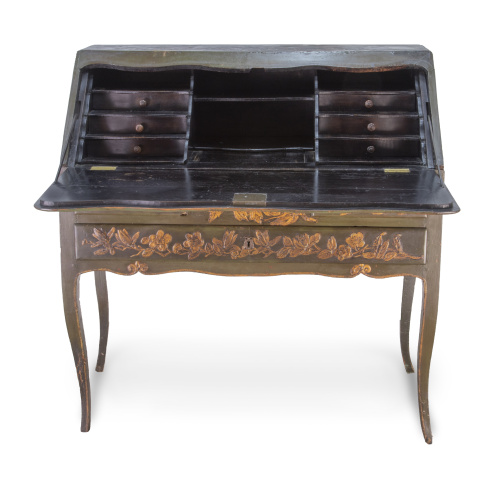 Bureau de pente de madera lacada de verde y dorada, con dec