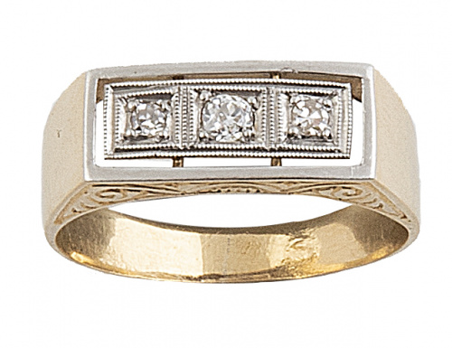 Sortija tresillo años 30 con tres brillantes en banda centr