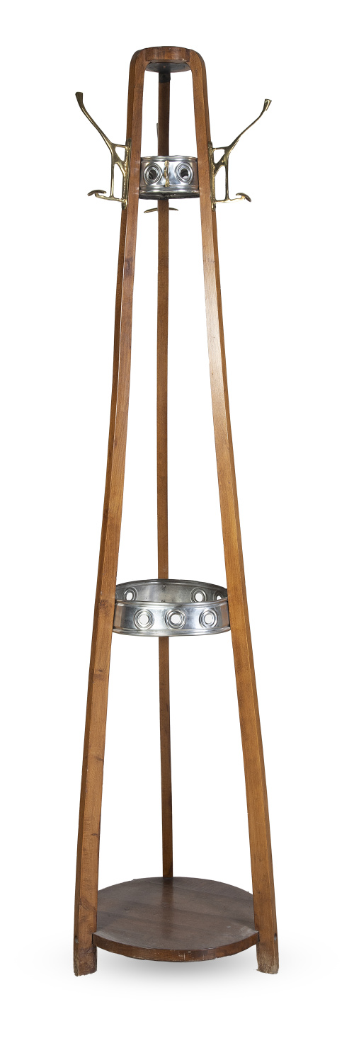 Perchero modernista de madera, metal y metal dorado.Final