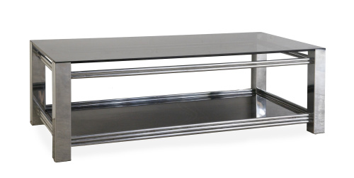 Mesa de centro de metal cromado con dos baldas de cristal n