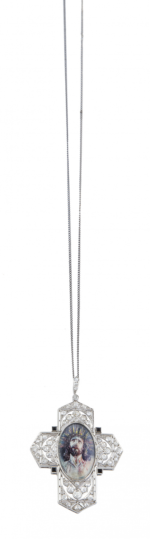 Cruz colgante Art-Decó de brillantes con centro oval de min