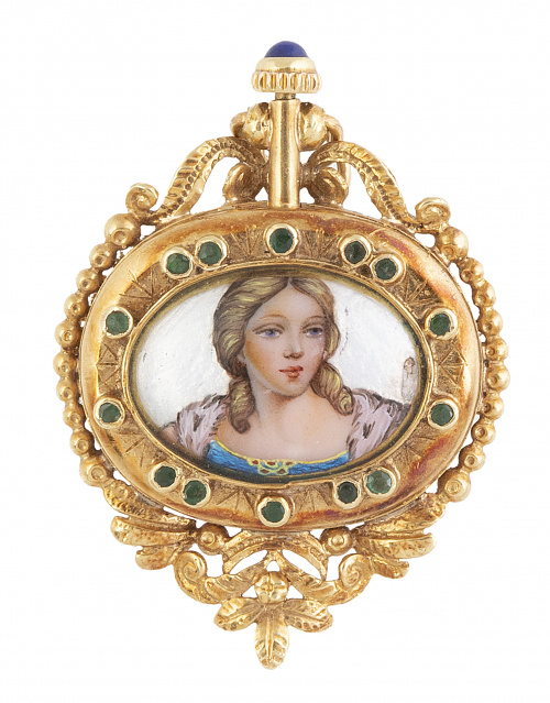 Reloj colgante con miniatura de esmalte en el reverso rodea