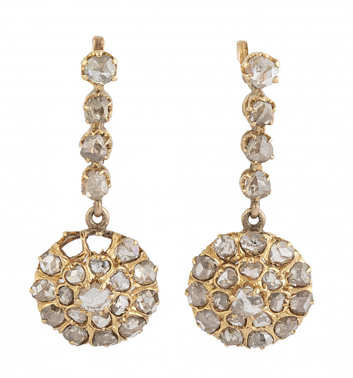 Pendientes largos S. XIX de rosetón de diamantes que pende 