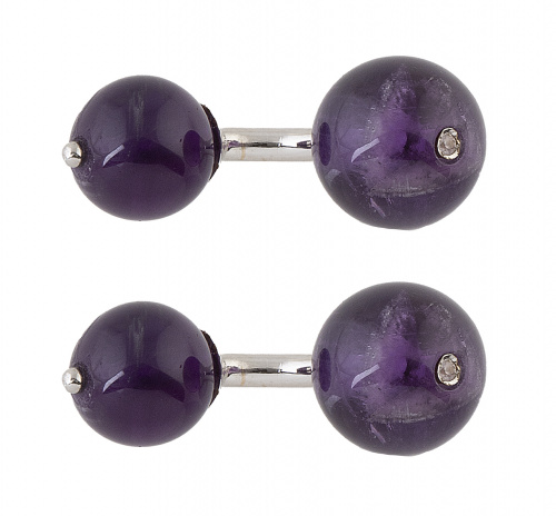 Gemelos dobles con esferas de amatista, con un zafiro rosa 