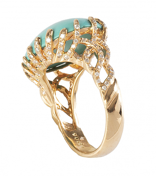 Sortija con cabuchón plano de turquesa en montura calada a 