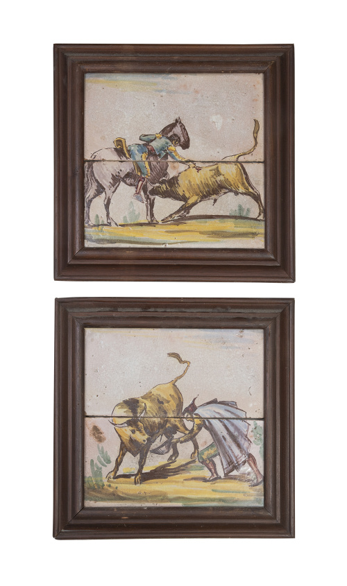 Pareja de azulejos de cerámica esmaltada con escenas taurin