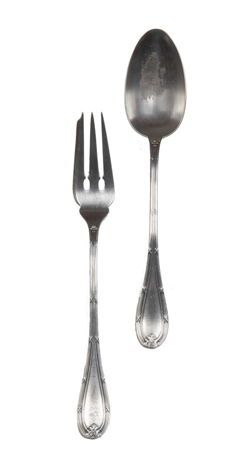 Lote de tenedor y cuchara para servir de metal plateado, de