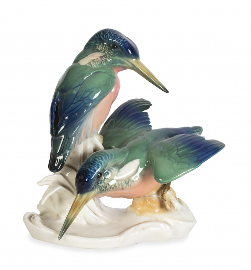 Dos martín pescador.Figura de porcelana esmaltada. Marcad