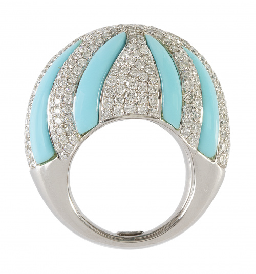 Gran sortija bombée de turquesas y bandas de pavé de brilla