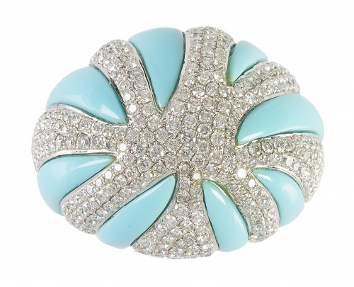 Gran sortija bombée de turquesas y bandas de pavé de brilla