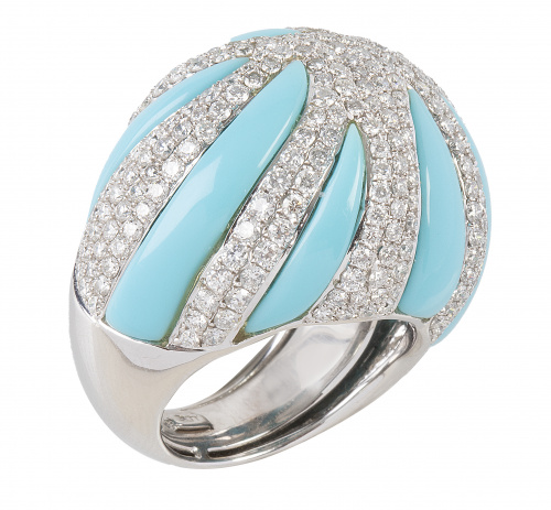 Gran sortija bombée de turquesas y bandas de pavé de brilla