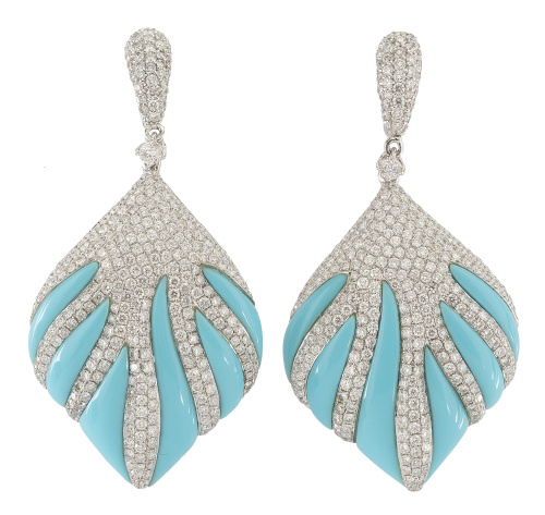 Pendientes largos con diseño de grandes hojas de turquesas 