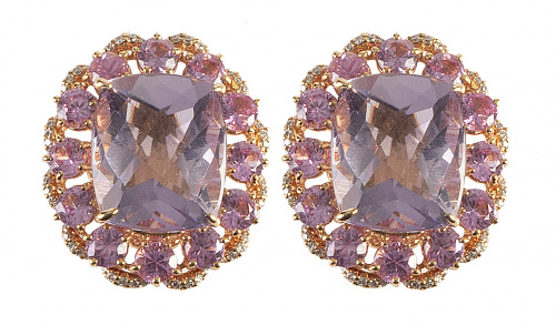 Pendientes rosetón con zafiro rosa facetado central rolado 