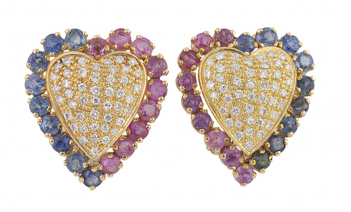 Pendientes corazón de pavé de brillantes, con orla de zafir